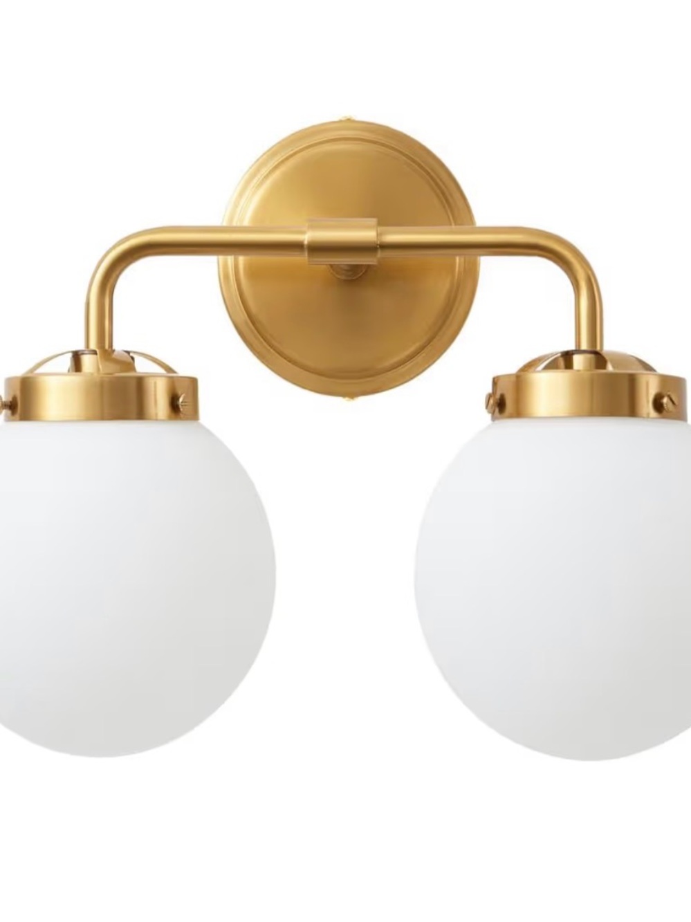 Brass Double Globe Bathroom Wall Sconce - White Glass